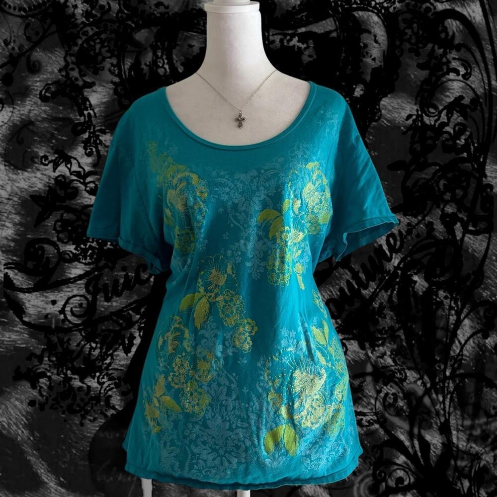 distressed teal blue shirt fairy green baroque floral boho whimsy top